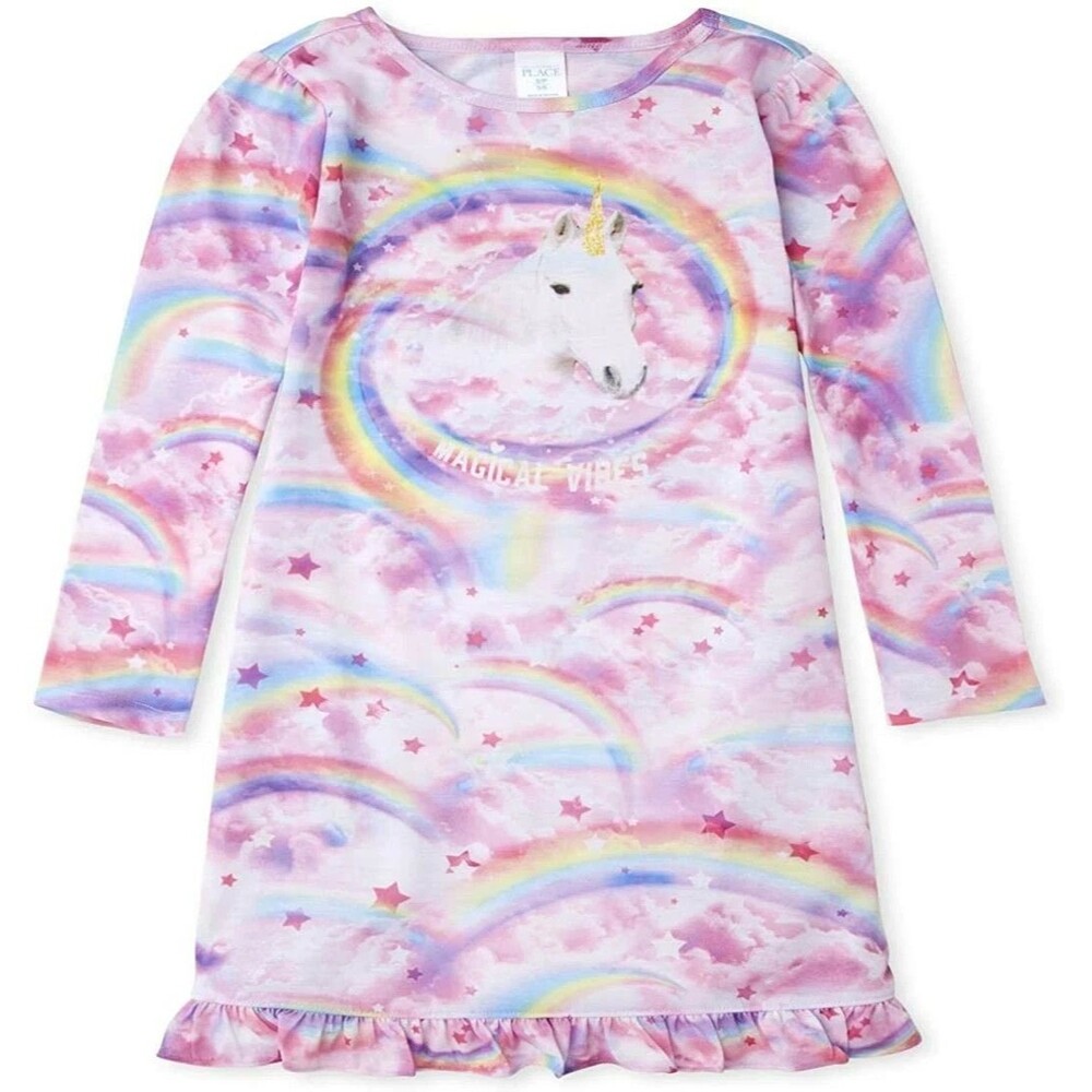 The Children's Place Girl's Long Sleeve Nightgown Size 4 X-Small Unicorn Rainbow